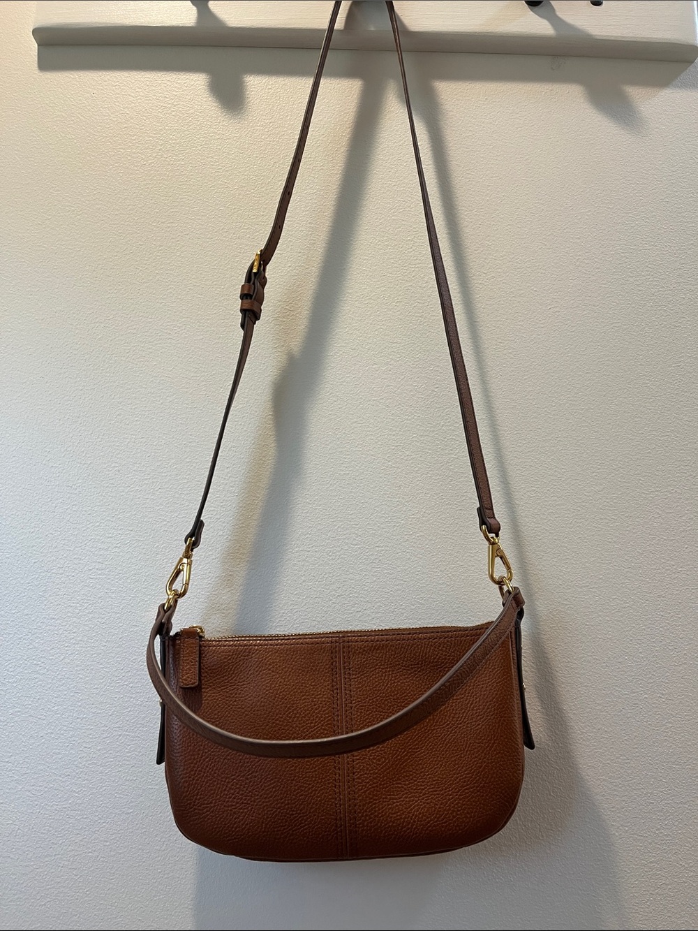 Fossil Pebbled Leather Crossbody in Warm Brown with Gold Hardware